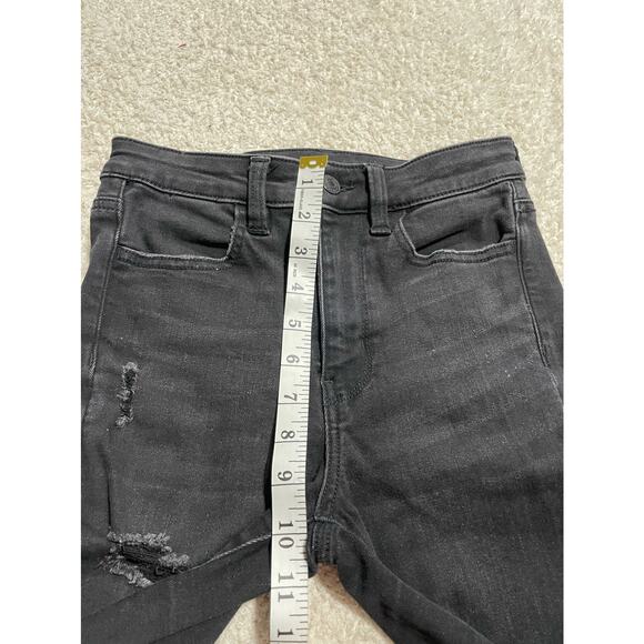 American Eagle Sz 0 Stretch Hi Rise Straight Leg Distressed Raw Hem Jeans Black - Picture 3 of 11